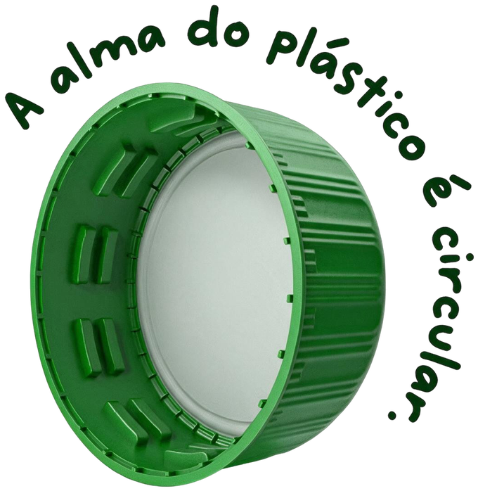 Tampinha de garrafa verde com a frase: a alma do plástico é circular